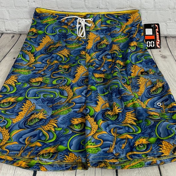 NWT VINTAGE 90'S RUSTY MEN'S AOP DRAGONS HYBRID BOARD SHORTS SIZE 33 - Picture 1 of 16